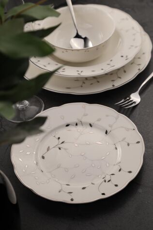 Kütahya Porselen Bone Olympos 56 Parça 12 Kişilik Yemek Takımı Silver Leaves - Kütahya Porselen